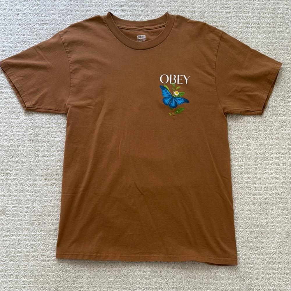 Obey Brown Tee with Blue Butterfly Graphic